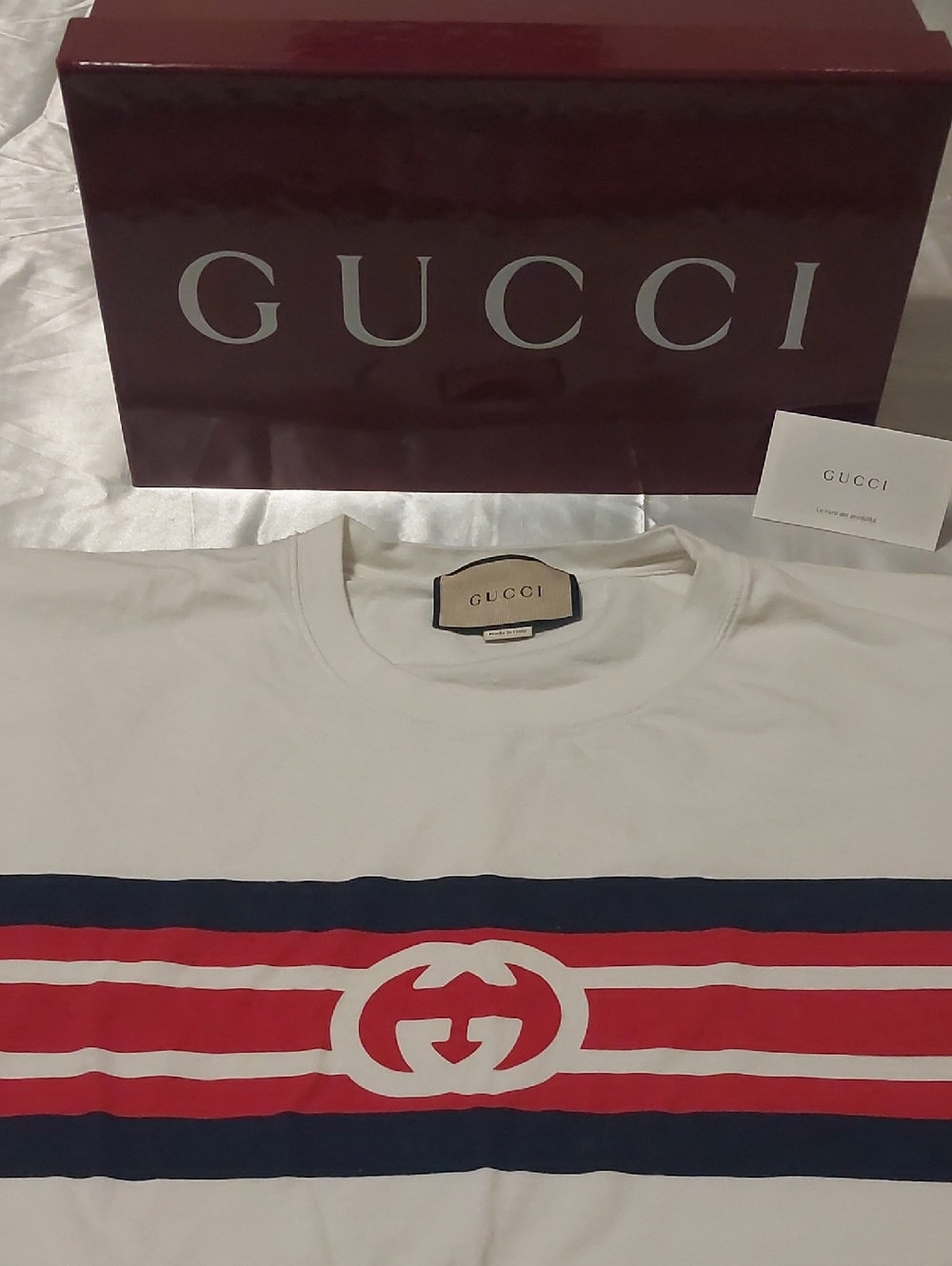 Authentic Gucci White Tee with Navy and Red Logo Stripes For Men XL